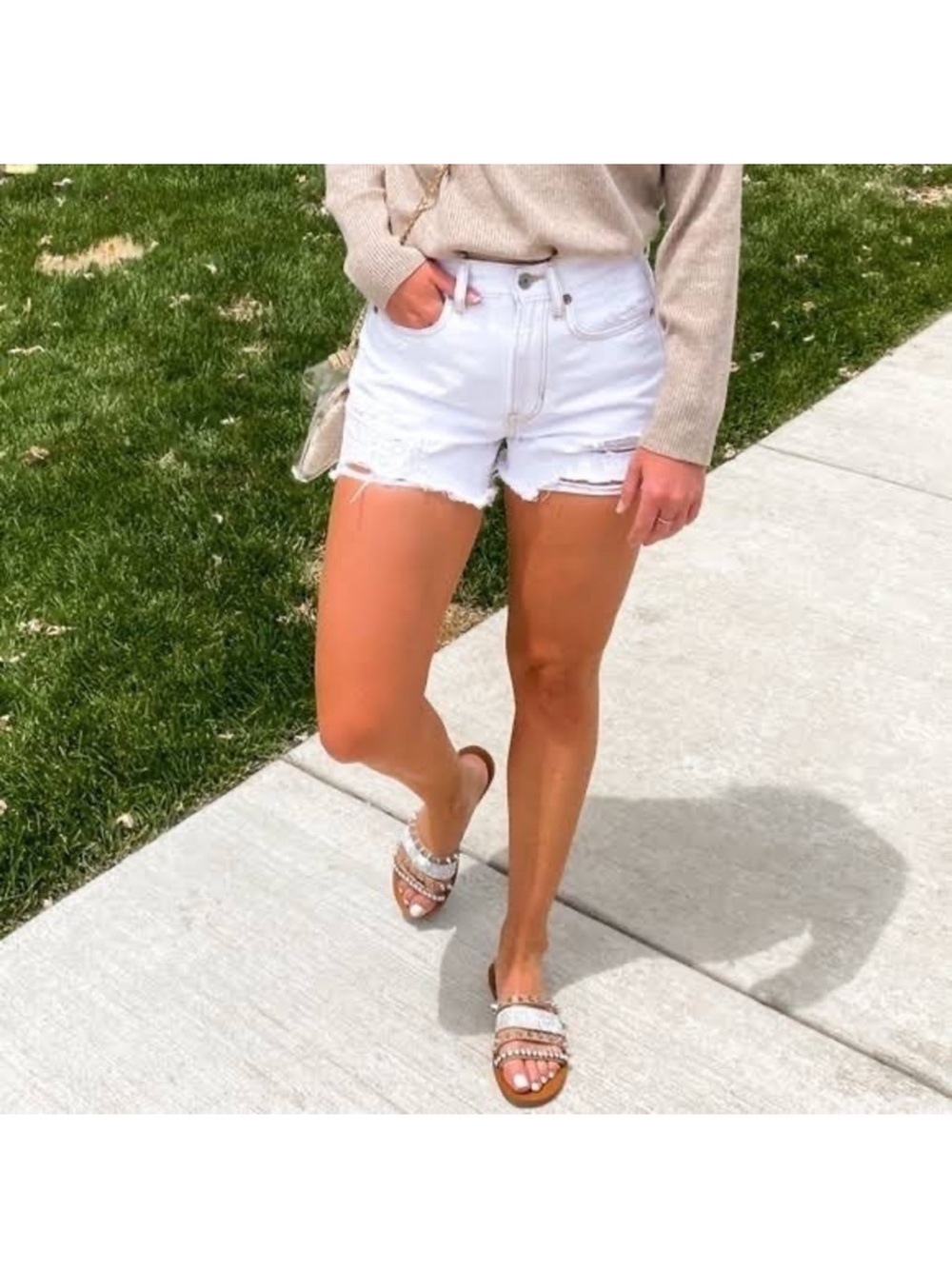 American Eagle Outfitters White Distressed Denim Cutoff Shorts. High rise.